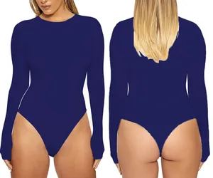 Sexy women's long sleeve royal blue slim fit bodysuit casual base layer clothing top