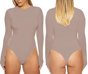 Detailed front and back view of a slim fit long-sleeve bodysuit in mauve color