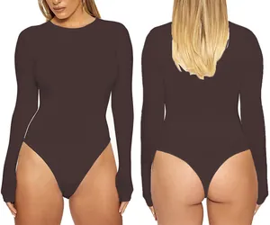Slim fit long sleeve dark brown bodysuit for women showing front and back views