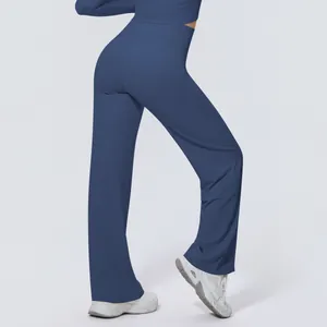 Navyblaue Yoga-Hose mit hohem Bund und weitem Bein aus elastischem Nylon für Sport und Fitness