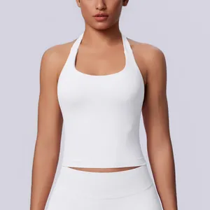 Detailed front view of a white seamless halter neck sports tank top for yoga and fitness