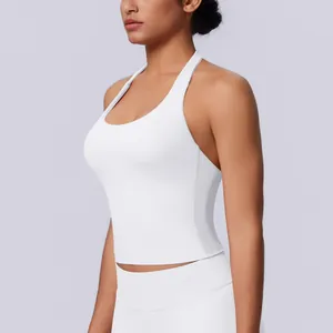 Professional side view showing the texture of white seamless halter-neck sports top