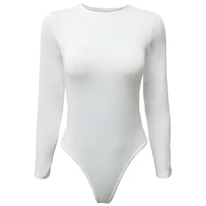 Close-up front view of a white long-sleeved bodysuit with round neck and slim fit