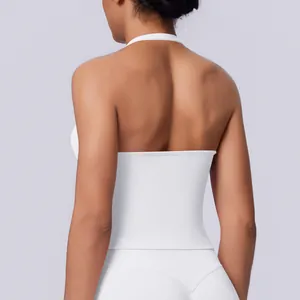 Detail back view of a premium white seamless halter neck sports vest for yoga and fitness training