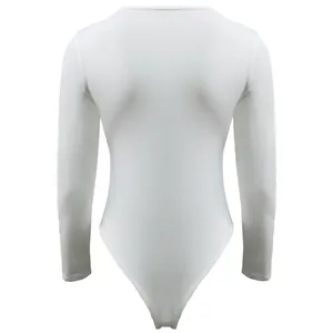 Back view of a white women's long sleeve bodysuit with a slim fit and stretchy fabric.