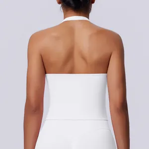 Back view detail showing the seamless white halter neck sports top for yoga and gym
