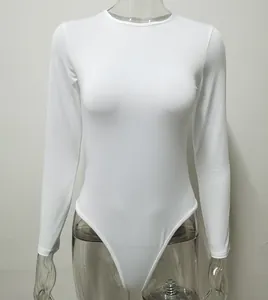 Detail of white long-sleeved bodysuit made of stretchy slim-fit fabric.