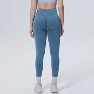 Back view of blue seamless washed yoga leggings with high waist and scrunch butt detail