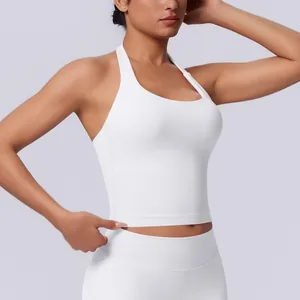 Close-up detail of a white seamless halter neck sports tank top for yoga and fitness