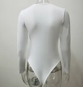 Back view of white long sleeve tight bodysuit displayed on a transparent mannequin