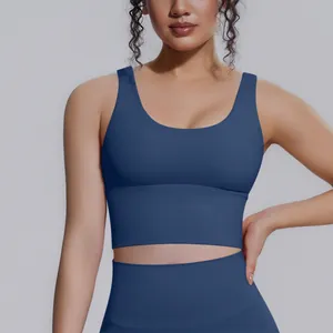 Reggiseno sportivo yoga blu navy ad alta intensità con imbottiture per il fitness.
