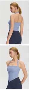 Detailed views of light blue halter yoga tank top with backless design and padded support