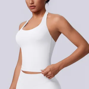 Side view detail of a white seamless halter-neck sports tank top for women's fitness