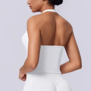 Detail view of a white seamless halter neck sports tank top showing the back design.