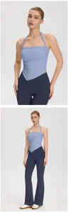 Full body and mid-shot views of a stylish blue halter yoga vest with a pointed hemline