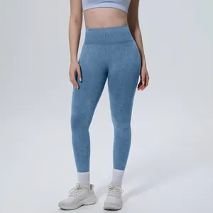 High-waisted seamless washed blue yoga pants for women fitness and running training.