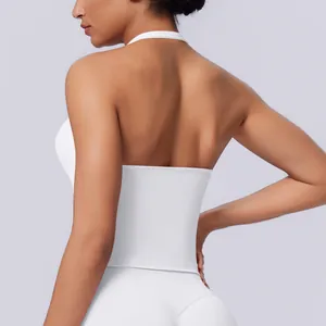 Rear view of white seamless halter neck sports bra showing open back detail for fitness