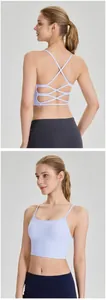 Detailed view of pale purple sports bra with criss-cross back design for yoga fitness.