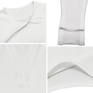 Detailed views of white long-sleeved tight bodysuit with round neck and snap closure