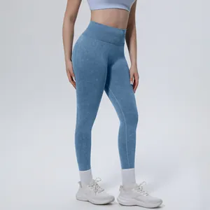 Detailed shot of seamless washed gym leggings showing high-waist tummy control fit