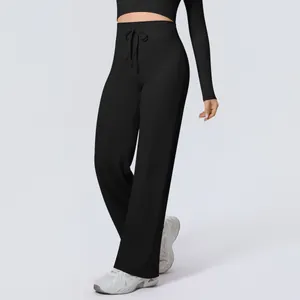 Damen Yoga-Hose mit hoher Taille, weitem Bein und Tunnelzug, schwarze elastische Freizeithose