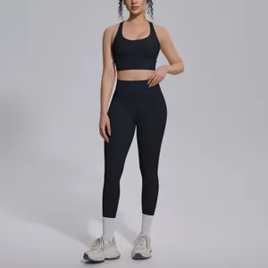 Detail of a black cross-back sports bra and high-waisted yoga leggings set for workout.