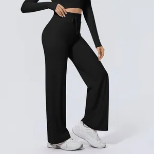 Hoch taillierte schwarze Yoga-Hose mit weitem Bein aus elastischem Nylon für Fitness.