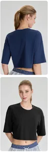 Μπροστινή και πίσω όψη γυναικείου κοντού modal t-shirt γιόγκα σε μαύρο και μπλε σκούρο