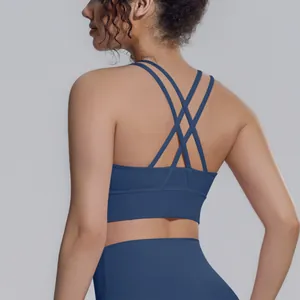 Vista ravvicinata dell'elegante design incrociato sulla schiena di un reggiseno blu