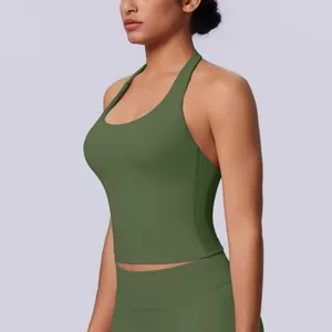 Side view of olive green seamless halter neck sports tank top for yoga and fitness