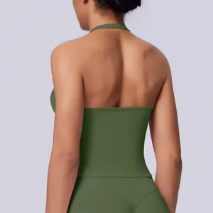 Back view of a green seamless halter neck sports tank top for yoga and fitness.