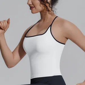 Weißes, eng anliegendes Sport-Top mit schwarzen Paspeln für Damen Yoga und Fitness