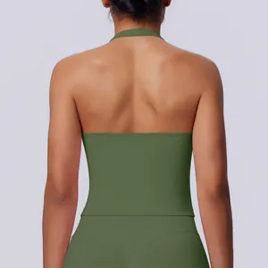 Back view of a seamless halter-neck sports tank top for yoga and fitness training