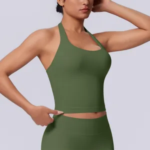 Olive green seamless halter neck sports bra for women yoga and fitness workout