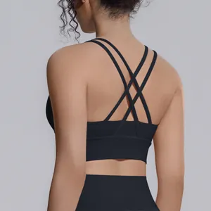 Vista dettagliata di un reggiseno sportivo nero con elegante design a incrocio sul retro.