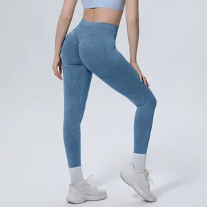 High-waisted blue seamless washed leggings with scrunch butt detail for gym.