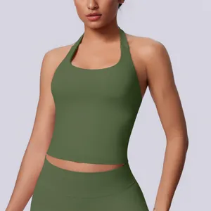 Close-up of olive green seamless halter-neck sports tank top for yoga and fitness.