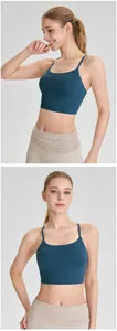 Two-view detail showing the fit of a teal yoga sports bra with thin straps on a model