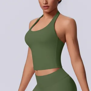 Detailed side view of seamless olive green halter neck sports bra for fitness and yoga