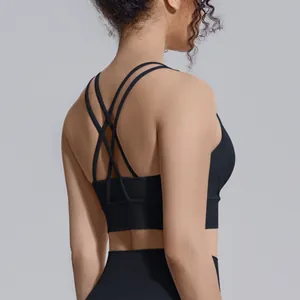 Dettaglio del reggiseno sportivo nero con schienale incrociato in tessuto elastico