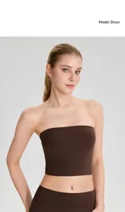 Professional model show of a strapless non-slip dark brown yoga tube top for women