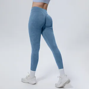Detail view of high-waisted seamless washed yoga leggings with butt-lifting design.