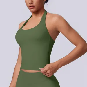 Detail view of olive green halter neck seamless sports bra for yoga and fitness training