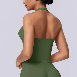 Detailed back view of a seamless halter neck sports tank top in olive green yoga wear