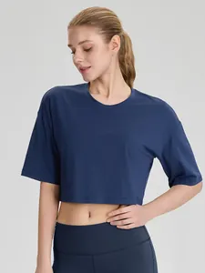 Άνετο φαρδύ modal yoga crop top κοντό μανίκι αθλητικό t-shirt σε σκούρο μπλε χρώμα