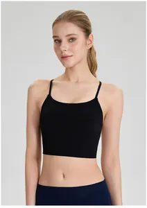 Minimalist black breathable yoga sports bra featuring thin straps and built-in padded support