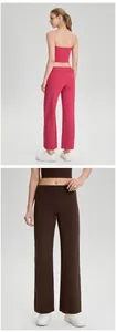 Detalles de pantalones de yoga de pierna ancha y transpirables en rosa y marrón, frente y espalda
