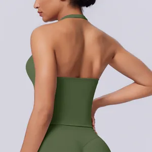 Detail view of the back design on this olive green seamless halter neck yoga bra top.