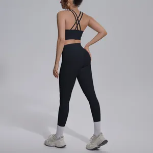 Detailed back view of women's black high-waisted yoga leggings and cross-back sports bra set