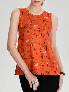 Canotta da donna in stile cinese moderno con motivo jacquard arancione senza maniche